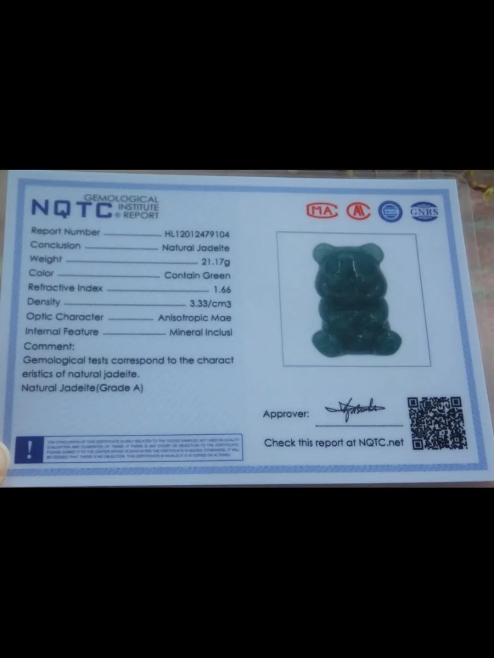 Certificate JADEITE Jade dark Green wealth bear angry panda Pendant
